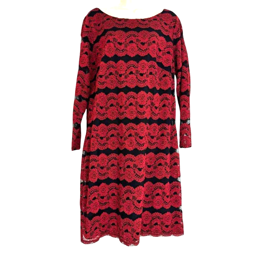 JH Evenings Womens Red Black All Lace Party Long Sleeve Dress Knee Length 16 W